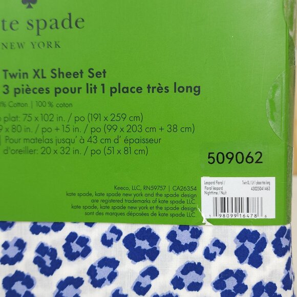 Kate Spade 3 Piece Twin XL Sheet Set Cotton Blue Leopard Print Nighttime - Picture 9 of 10